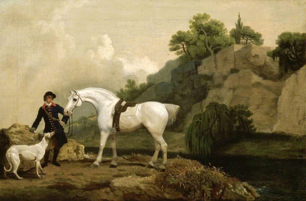 George Stubbs, ‘A Grey Hunter and a Groom and a Greyhound at Creswell Crags’ 1762-64.