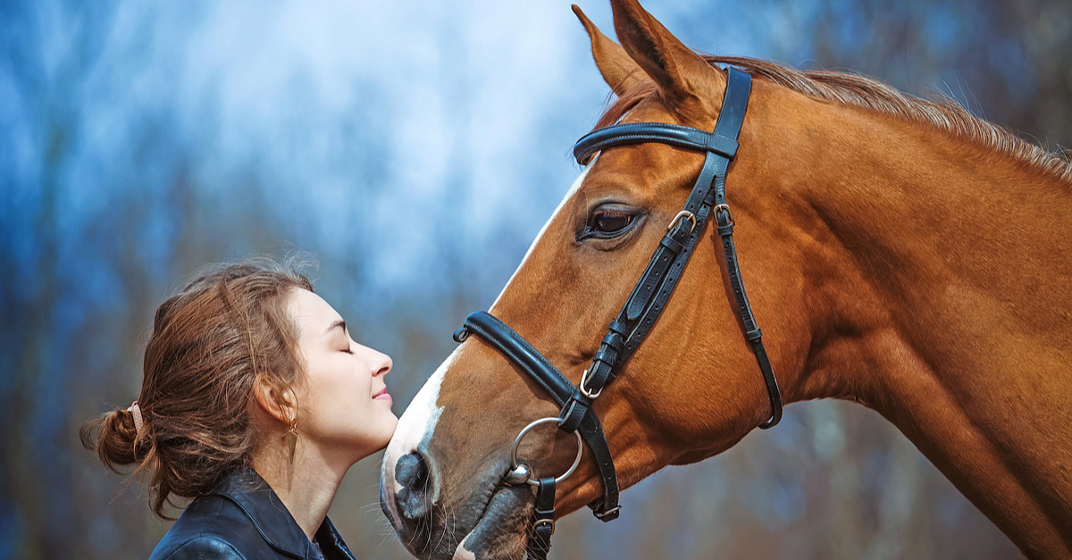 A rider and her chesnut horse share a moment together