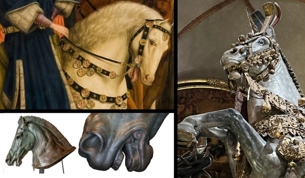 Collage of ancient artworks depicting horses with open mouths and compressed tongues